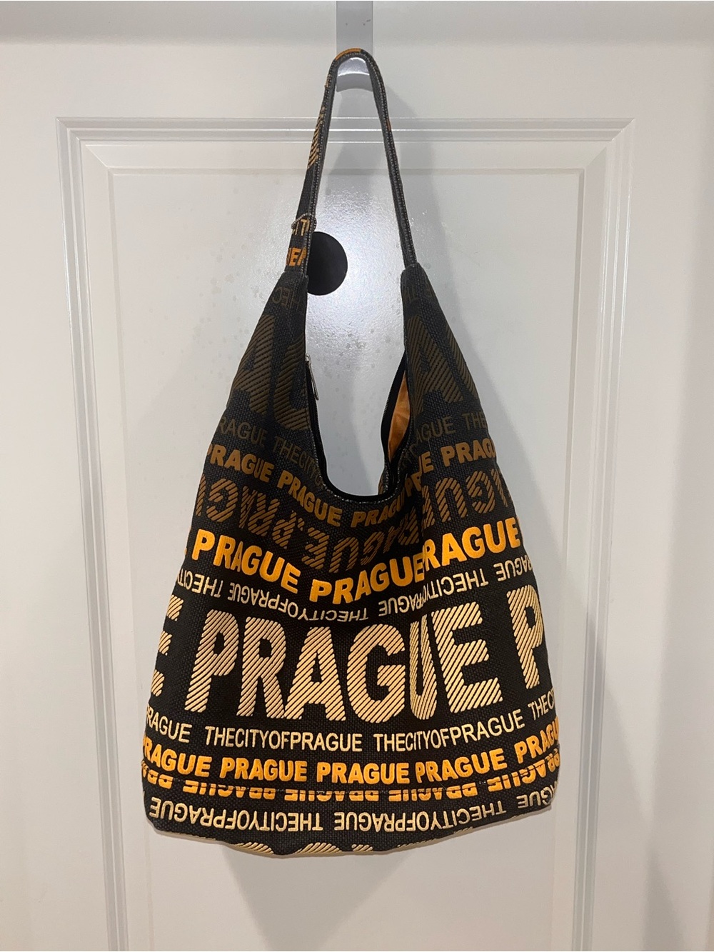 Robin Ruth Prague Tote Shoulder Bag Brown Canvas Black & yellow Letters orange